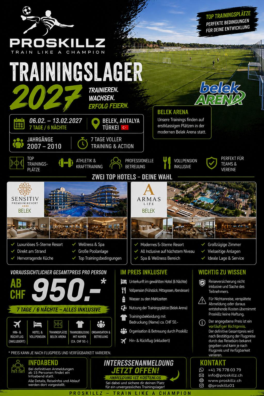 Plakat: PROSKILLZ Trainingslager 2027, Belek Arena, 06.02.–13.02.2027, Belek Antalya Türkei, Jahrgänge 2007–2010, ab CHF 950.–